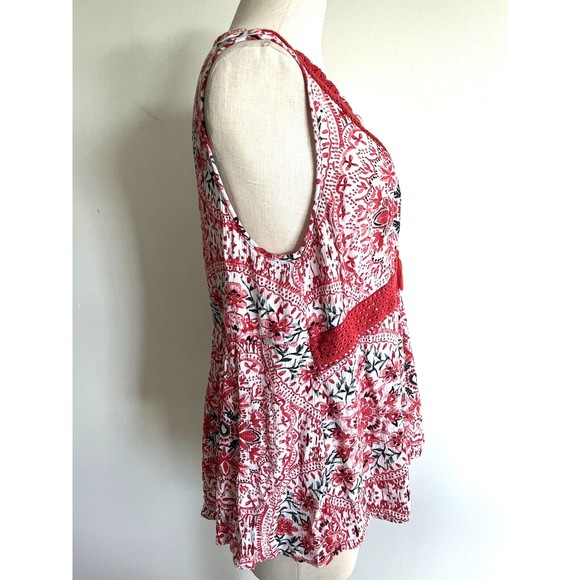 Torrid Babydoll Tank Top Lace-Up Crochet Sleeveless Red Floral Boho 1X - Picture 4 of 14